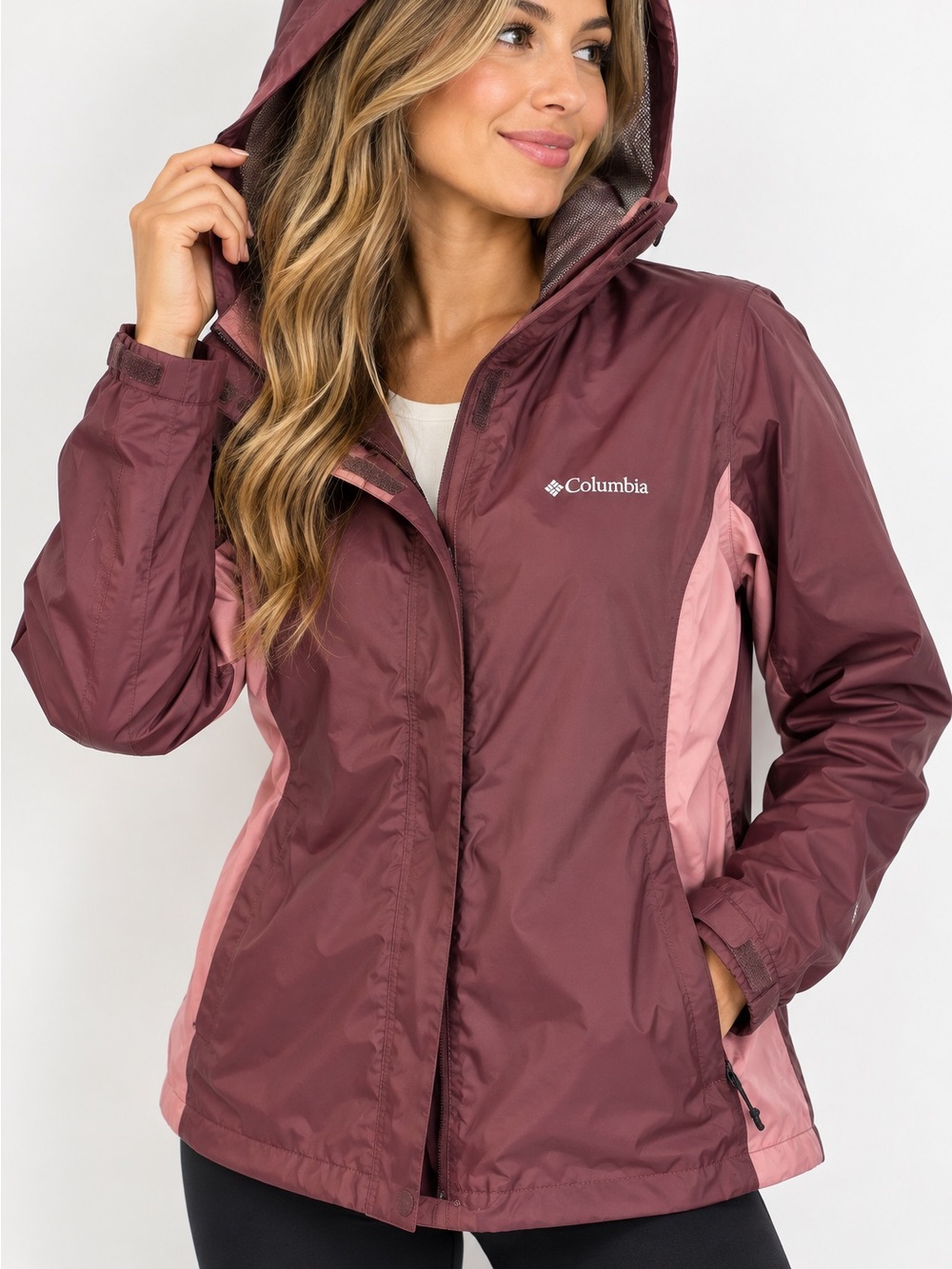 Columbia Women's Maroon and Light Pink Hooded Rain Jacket waterproof windbreaker